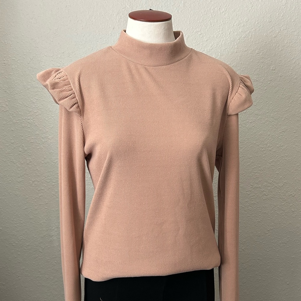 Mazik Apricot Tan Ribbed Ruffle Shoulder Mock Turtle Neck Sweater. New with Tags